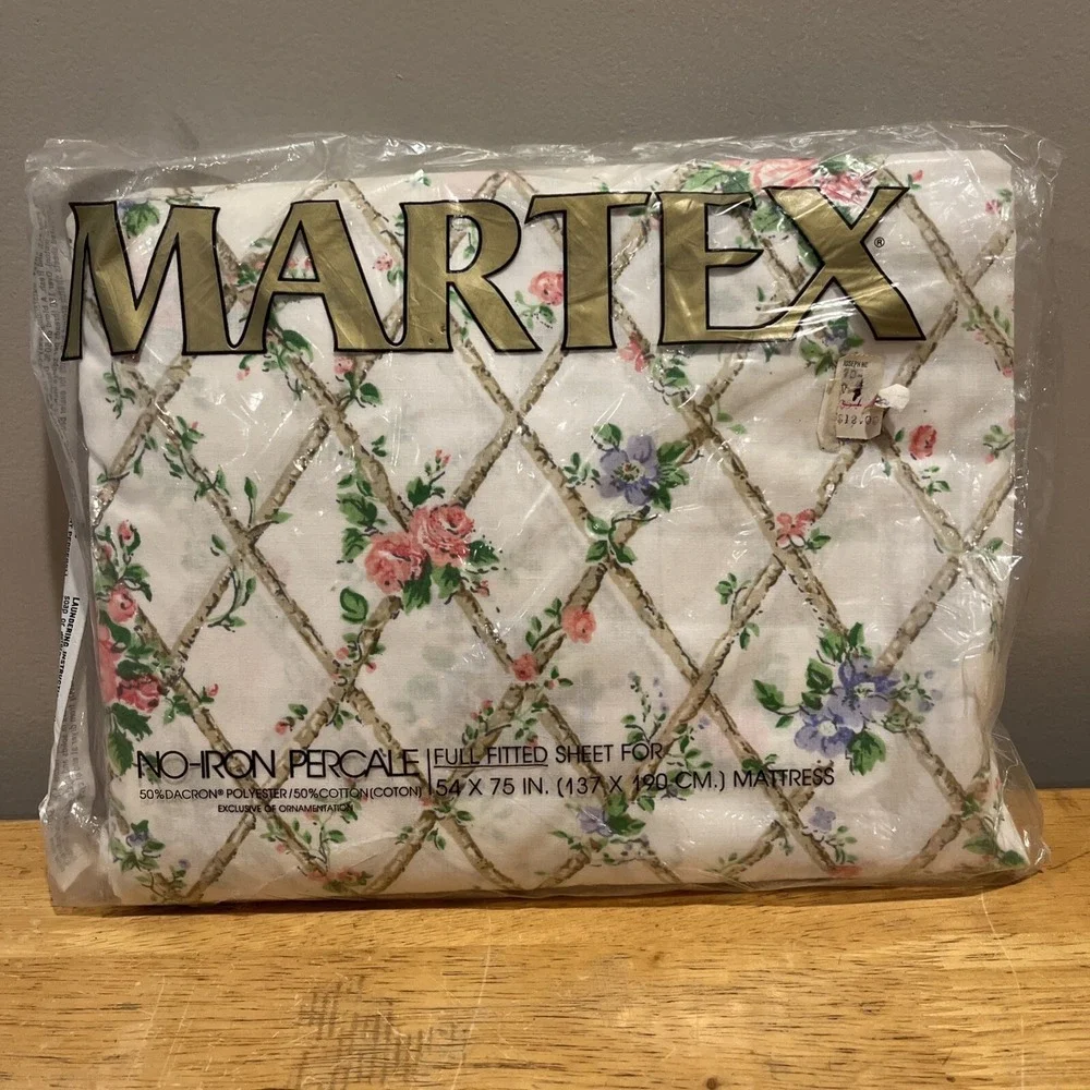 Martex Full‎ Fitted Sheet NOS Vintage Sealed Mod Floral Roses Trellises